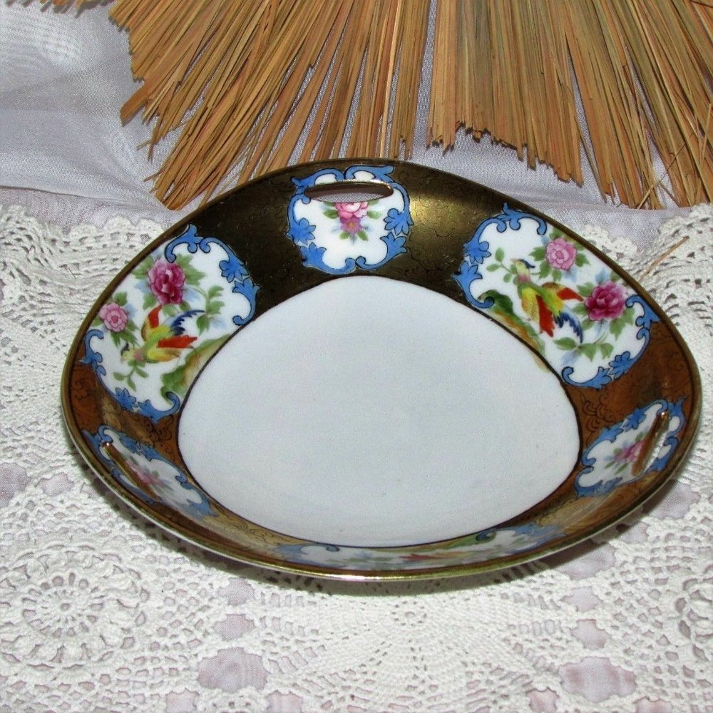 Vintage NORITAKE Bowl Hand Painted Gold Band Birds Flowers Ornate Cottagecore